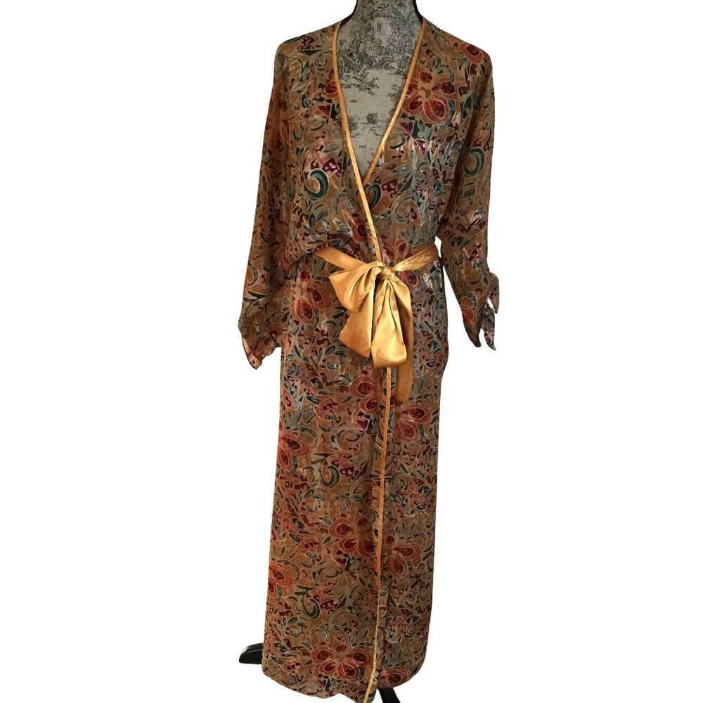 VTG Gold Label Victoria's Secret Woman Abstract Kimono Robe Satin Belt Swim S/P - Picture 1 of 13